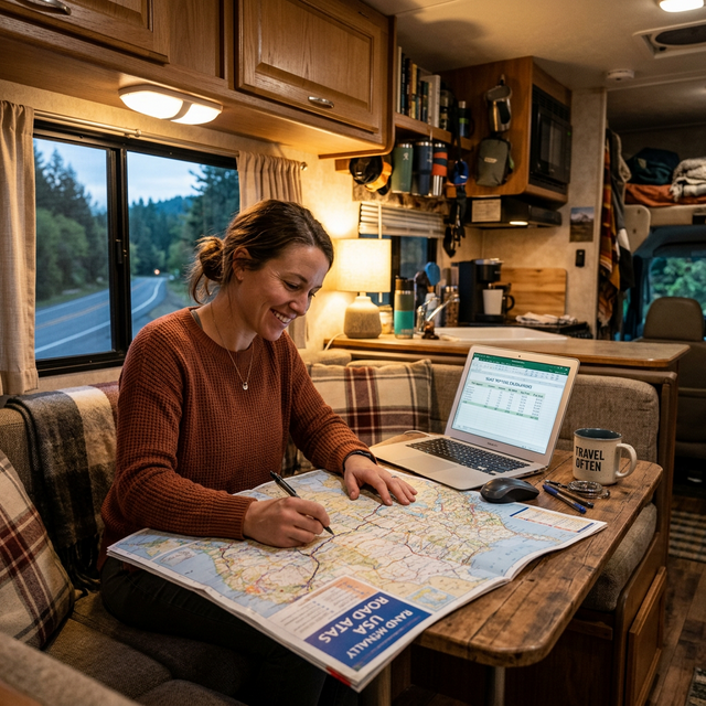 Person planning RV road trip with a map and laptop inside a motorhome